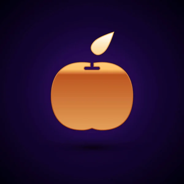 Icona Apple oro isolato su sfondo blu scuro. Frutta con simbolo di foglia. Illustrazione vettoriale — Vettoriale Stock