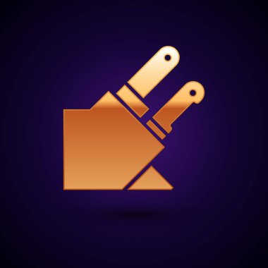 Altın Bıçak simgesi koyu mavi arka planda izole. Çatal bıçak takımı sembolü. Vektör İllüstrasyonu