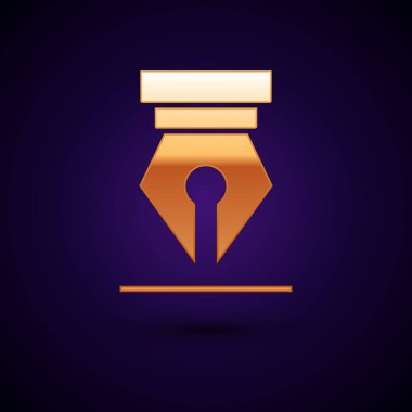 Altın Çeşme kalem ucu simgesi koyu mavi arkaplanda izole edilmiş. Kalem aleti işareti. Vektör İllüstrasyonu