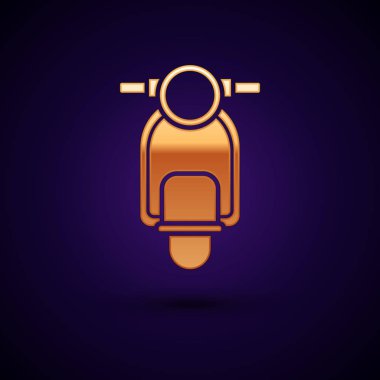 Altın Scooter simgesi koyu mavi arka plan üzerinde izole. Vektör İllüstrasyonu