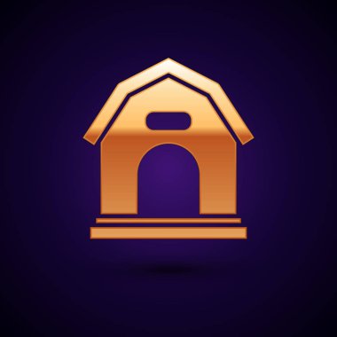 Altın Köpek ev simgesi koyu mavi arka plan izole. Köpek kulübesi. Vektör İllüstrasyonu