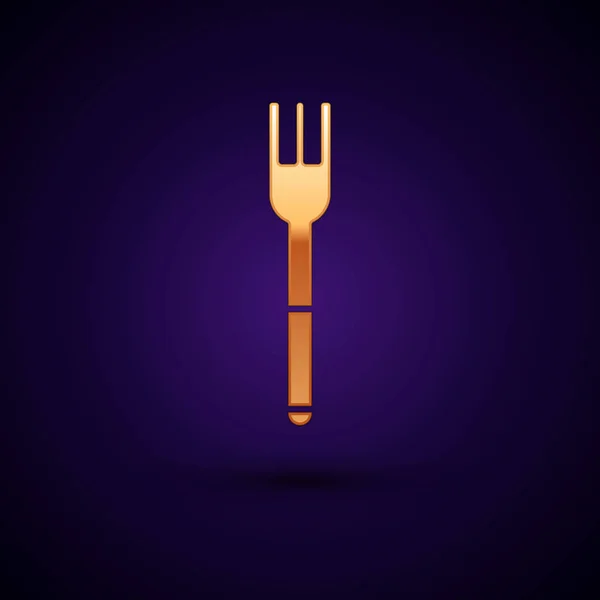 Icona Gold Fork isolata su sfondo blu scuro. Posate simbolo. Illustrazione vettoriale — Vettoriale Stock