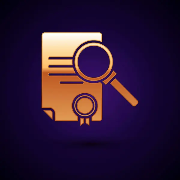 Gold Document with search icon isolated on dark blue background. File and magnifying glass icon. Analytics research sign. Vector Illustration — Διανυσματικό Αρχείο