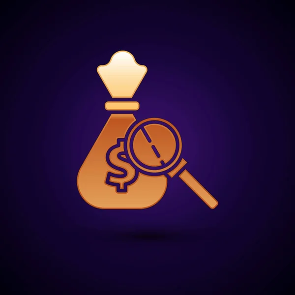 Gold Money bag and magnifying glass icon isolated on dark blue background. Dollar or USD symbol. Cash Banking currency sign. Vector Illustration — Διανυσματικό Αρχείο