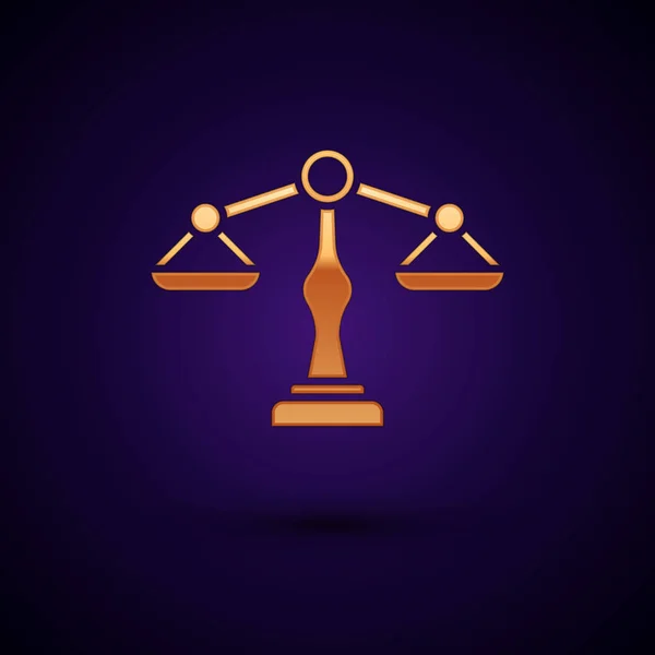 Золоті шкали правосуддя ізольовані на темно-синьому фоні. Правовий символ суду. Знак масштабу балансу. Векторна ілюстрація — стоковий вектор