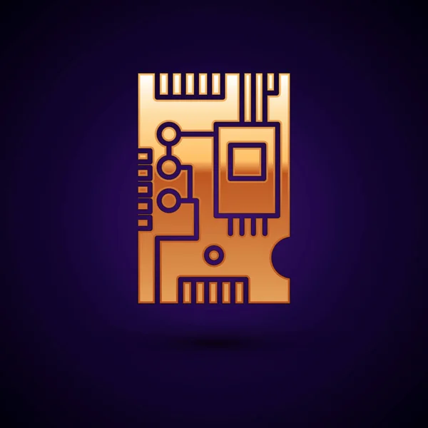 Gold Electronic computer components motherboard chip digital integrado icono de la ciencia aislado sobre fondo azul oscuro. Placa de circuito. Ilustración vectorial — Vector de stock