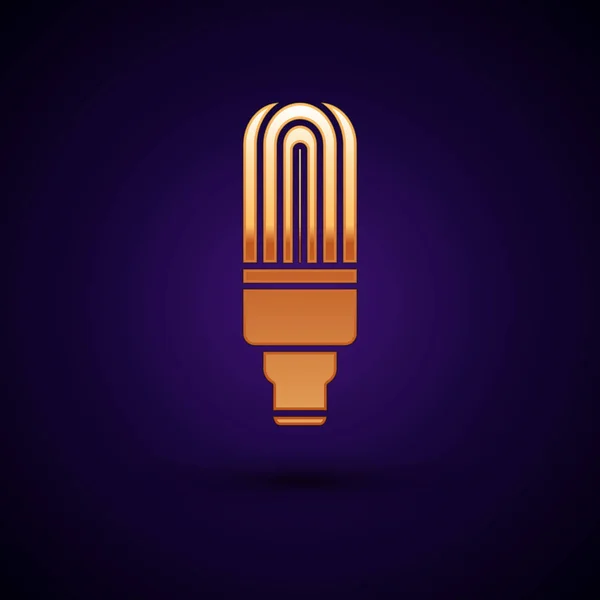 Icono de bombilla led de oro aislado sobre fondo azul oscuro. Bombilla led económica iluminada. Ahorra energía lámpara. Ilustración vectorial — Vector de stock