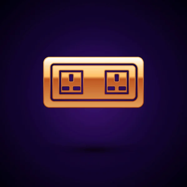 Gold Electrical outlet icon isolated on dark blue background. Power socket. Rosette symbol. Vector Illustration — Stok Vektör
