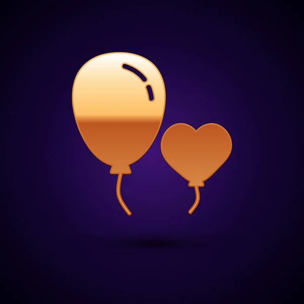 Balões de ouro em forma de coração com ícone de fita isolado no fundo azul escuro. Ilustração vetorial — Vetor de Stock