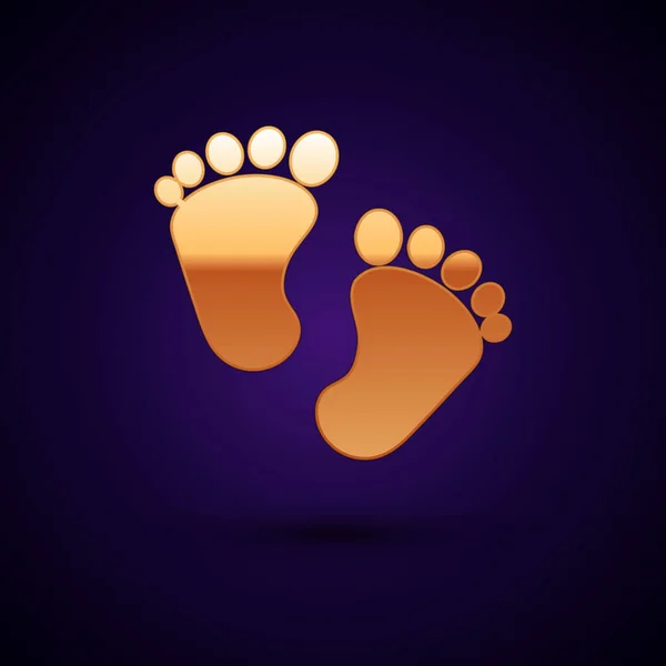 濃い青の背景に隔離されたゴールド赤ちゃんの足跡アイコン。赤ちゃんの足のサインベクターイラスト — ストックベクタ