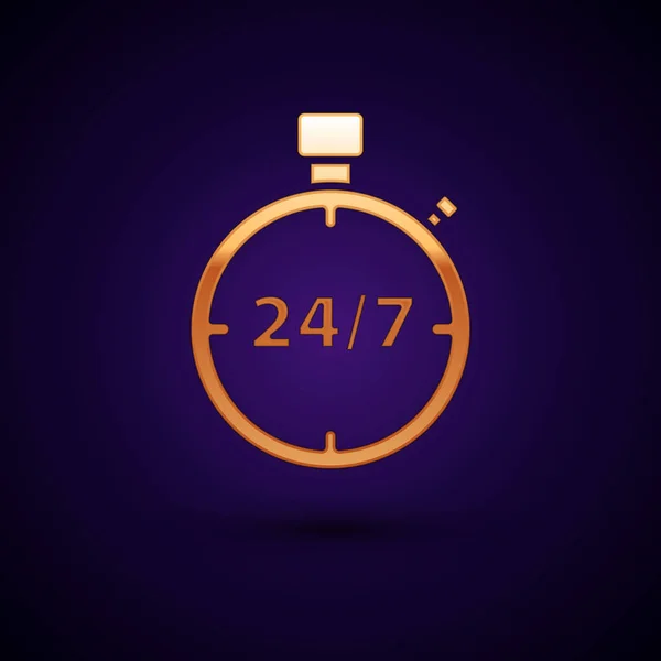 Золотой секундомер 24 часа значок изолирован на темно-синем фоне. Целый день циклическая икона. 24 часа сервисный символ. Векторная миграция — стоковый вектор