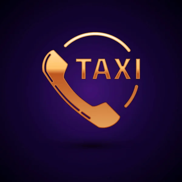 Gold Taxi-Anruf-Telefon-Symbol isoliert auf dunkelblauem Hintergrund. Taxi für Smartphone. Vektorillustration — Stockvektor