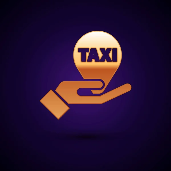 Oro Mano en el mapa puntero con icono de taxi aislado sobre fondo azul oscuro. Símbolo de ubicación. Ilustración vectorial — Archivo Imágenes Vectoriales