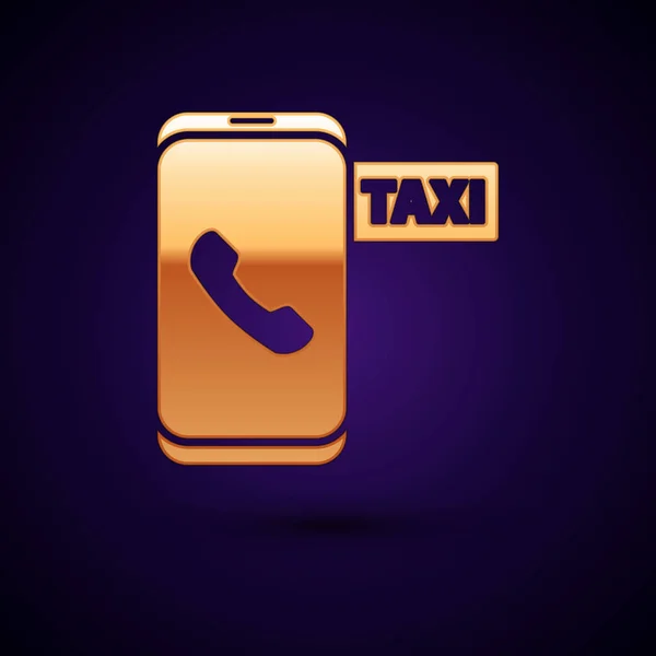 Gold Taxi połączenie telefoniczne ikona odizolowanych na ciemnoniebieskim tle. Taksówka na smartfona. Ilustracja wektora — Wektor stockowy