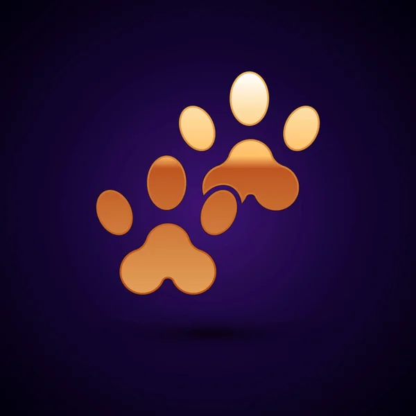 Złota ikona drukowania Paw wyizolowana na ciemnym niebieskim tle. Pies lub kot Paw Print. Tor zwierzęcy. Ilustracja wektorowa — Wektor stockowy