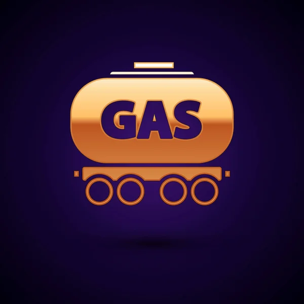 Gold Gas railway cistern icon isolated on dark blue background. Train gasoline tank on railway car. Rail freight. Vector Illustration — Stock Vector
