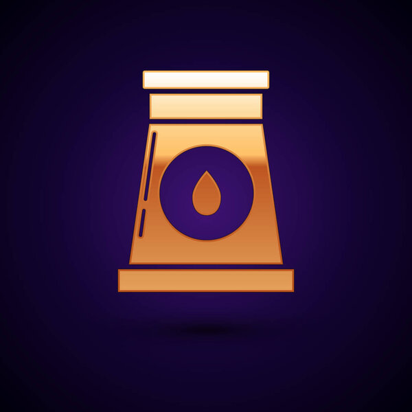 Gold Oil and gas industrial factory building icon isolated on dark blue background. Vector Illustration