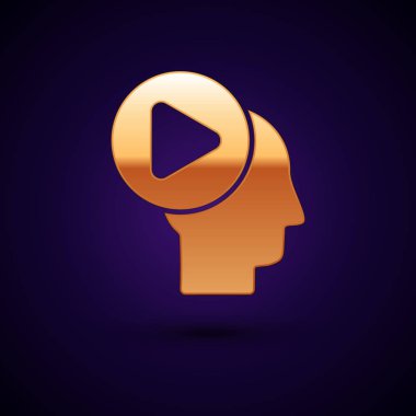 Koyu mavi arka planda, çalma düğmesi simgesine sahip Altın Başlı insanlar izole edildi. Vektör İllüstrasyonu