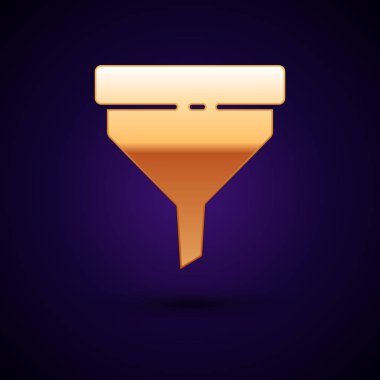 Gold Funnel or filter icon isolated on dark blue background. Vector Illustration