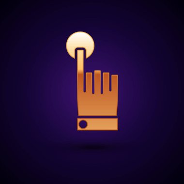 Koyu mavi arka planda izole edilmiş altın el dokunuşu ve tap hareketi ikonu. Buraya tıklayın, parmak, dokunuş, işaret, imleç, fare sembolü. Vektör İllüstrasyonu