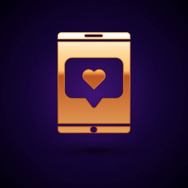 Altın cep telefonu ve koyu mavi arka planda izole edilmiş kalp ikonu gibi. Karşıt Bildirim Simgesi. Insta 'yı takip et. Vektör İllüstrasyonu