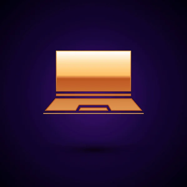 Goldenes Laptop-Symbol isoliert auf dunkelblauem Hintergrund. Computer-Notizbuch mit leerem Bildschirm. Vektorillustration — Stockvektor