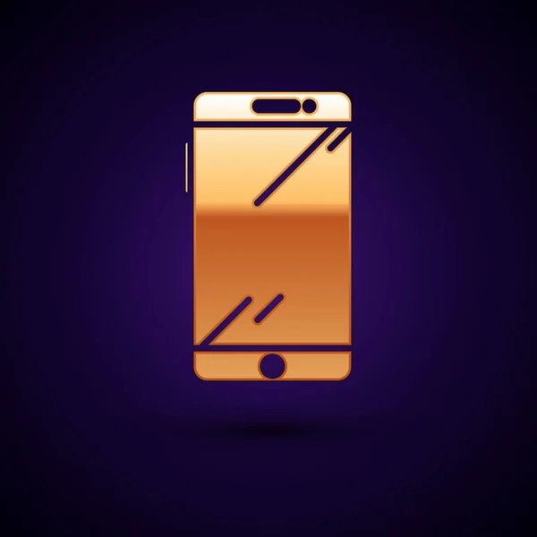 Złoty smartphone, ikona telefonu komórkowego na białym tle na ciemnoniebieskim tle. Ilustracja wektorowa — Wektor stockowy