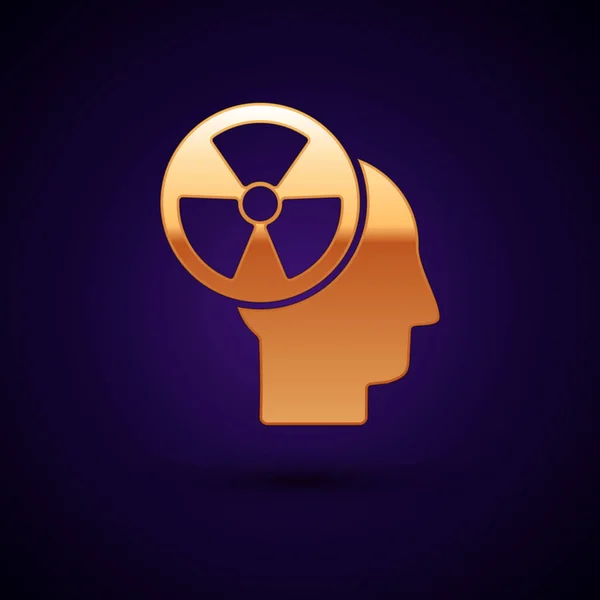 Silueta dorada de una cabeza humana y un icono de símbolo de radiación aislado sobre fondo azul oscuro. Ilustración vectorial — Archivo Imágenes Vectoriales