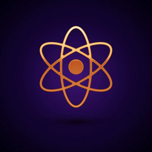 Icono de Átomo de Oro aislado sobre fondo azul oscuro. Símbolo de ciencia, educación, física nuclear, investigación científica. Ilustración vectorial — Vector de stock