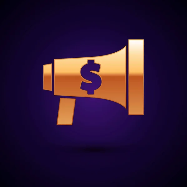 Or mégaphone et icône dollar isolé sur fond bleu foncé. Alerte à haute voix. Bullhorn pour l'embouchure crier promotion. Illustration vectorielle — Image vectorielle