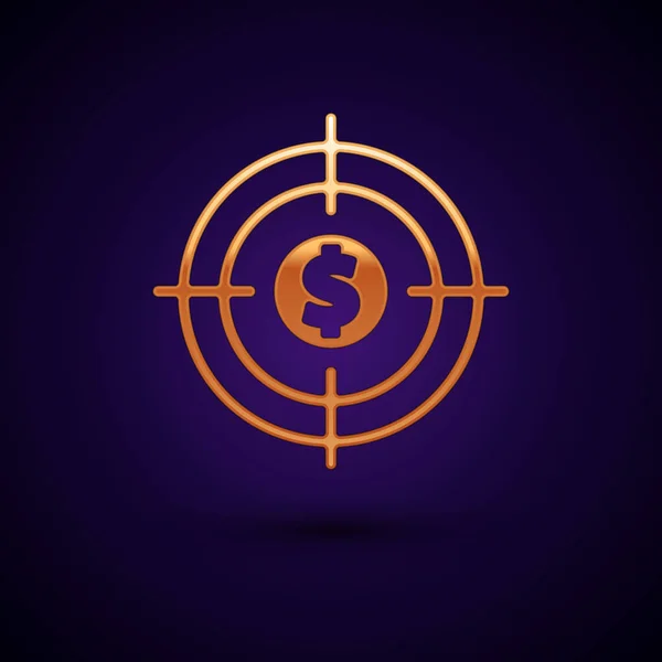 Gold Target με σύμβολο δολάριο εικονίδιο απομονώνονται σε σκούρο μπλε φόντο. Εικόνα επενδυτικού στόχου. Επιτυχημένη επιχειρηματική ιδέα. Μετρητά ή χρήματα. Εικονογράφηση διανύσματος — Διανυσματικό Αρχείο