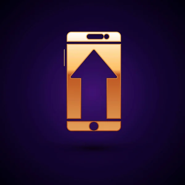 Золотой смартфон, значок мобильного телефона изолирован на темно-синем фоне. Векторная миграция — стоковый вектор