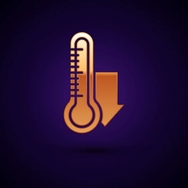 Goud Meteorologie thermometer meten pictogram geïsoleerd op donkerblauwe achtergrond. Thermometer apparatuur toont warm of koud weer. Vector Illustratie — Stockvector