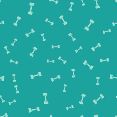 Yeşil Dumbbell simgesi yeşil arka planda kusursuz desen izole etti. Kas kaldırma ikonu, fitness halteri, beden eğitimi ikonu, spor malzemeleri sembolü, egzersiz bumbzili. Vektör İllüstrasyonu