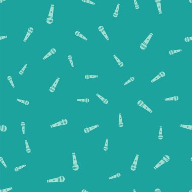 Yeşil Mikrofon simgesi yeşil arka planda kusursuz desen izole etti. Radyodaki mikrofondan. Sözcü işareti. Vektör İllüstrasyonu