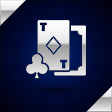 Koyu mavi arka planda izole elmas sembolü simgesi ile Gümüş Oyun kartı. Kumarhane kumarı. Vektör İllüstrasyonu