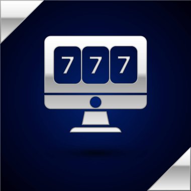 Gümüş Online slot makinesi şanslı yedili jackpot simgesi ile koyu mavi arka plan izole. Online casino. Vektör İllüstrasyonu
