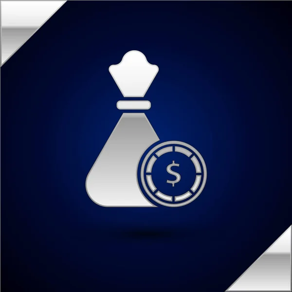 Silver Money bolsa y casino chips icono aislado sobre fondo azul oscuro. Dólar o símbolo USD. Signo de moneda bancaria en efectivo. Ilustración vectorial — Archivo Imágenes Vectoriales