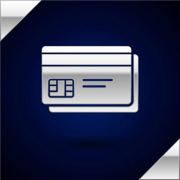 Icono de tarjeta de crédito de plata aislado sobre fondo azul oscuro. Pago en línea. Retiro de efectivo. Operaciones financieras. Señal de compra. Ilustración vectorial — Vector de stock