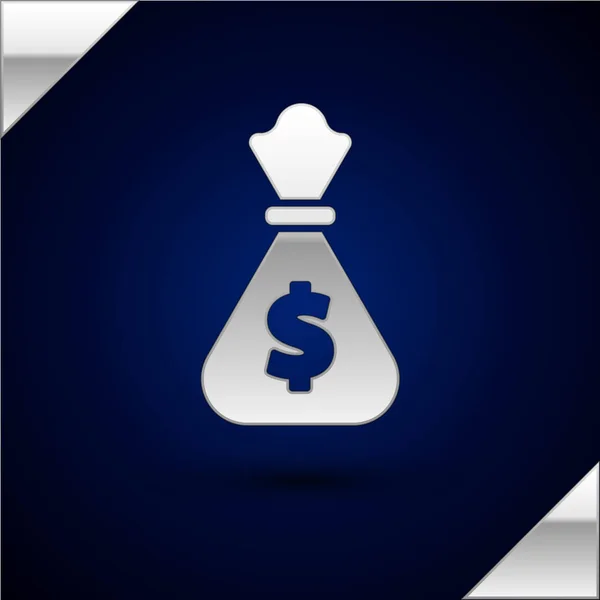 Ícone de saco de prata dinheiro isolado no fundo azul escuro. Dólar ou símbolo USD. Cash Banking sinal de moeda. Ilustração vetorial —  Vetores de Stock