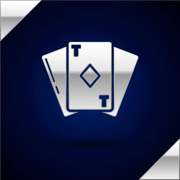 Zilveren speelkaart met diamanten symbool pictogram geïsoleerd op donker blauwe achtergrond. Casino gokken. Vector illustratie — Stockvector