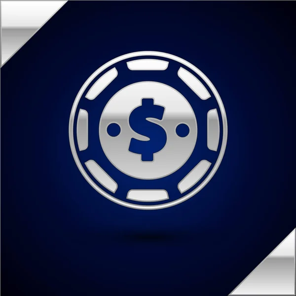 Silberner Casino-Chip mit Dollarsymbol auf dunkelblauem Hintergrund. Casino-Glücksspiel. Vektorillustration — Stockvektor