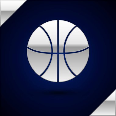 Koyu mavi arka planda izole edilmiş gümüş basketbol topu ikonu. Spor sembolü. Vektör İllüstrasyonu