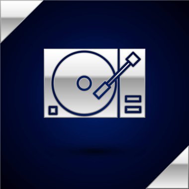 Koyu mavi arka plan üzerinde izole bir vinil disk simgesi ile Gümüş Vinil oynatıcı. Vektör İllüstrasyonu
