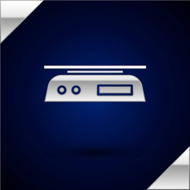 Gümüş Elektronik ölçek simgesi koyu mavi arkaplanda izole edildi. Ağırlık ölçüm aletleri. Vektör İllüstrasyonu