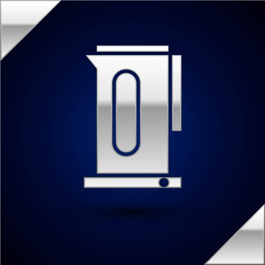 Koyu mavi arka planda ikonu olan gümüş çaydanlık. Çaydanlık ikonu. Vektör İllüstrasyonu