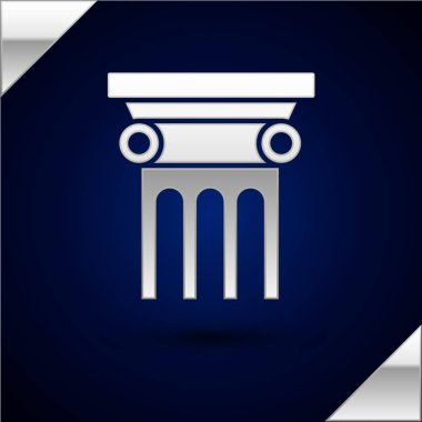 Gümüş Hukuk sütunu simgesi koyu mavi arkaplanda izole edilmiş. Vektör İllüstrasyonu