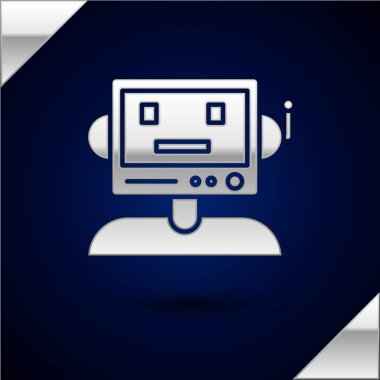 Gümüş Robot simgesi koyu mavi arkaplanda izole edildi. Vektör İllüstrasyonu