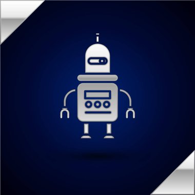 Gümüş Robot simgesi koyu mavi arkaplanda izole edildi. Vektör İllüstrasyonu