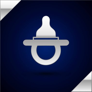 Gümüş Bebek Emziği simgesi koyu mavi arka planda izole edildi. Çocuk oyuncağı. Vektör İllüstrasyonu